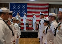 NAVAL STATION NORFOLK (Sept. 12, 2025) – Commander, Navy Region Mid-Atlantic (CNRMA), Rear Adm. Carl Lathi, requests permission to go ashore for the final time from Commander, Navy Installations Command, Vice Adm. Scott Gray, during a change of command and retirement ceremony held at Vista Point onboard Naval Station Norfolk, Sept. 12. CNRMA, now commanded by Rear Adm. Stephen Barnett, is the regional coordinator for all shore-based naval personnel and shore activities in the Mid-Atlantic region, which encompasses 20 states, 13 installations, and numerous Navy reserve centers from Maine to Virginia and as far west as Illinois. (U.S. Navy photo by Mass Communication Specialist 1st Class Kirk T. Putnam)