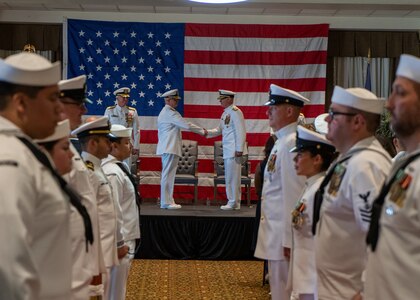 NAVAL STATION NORFOLK (Sept. 12, 2025) – Commander, Navy Region Mid-Atlantic (CNRMA), Rear Adm. Carl Lathi, requests permission to go ashore for the final time from Commander, Navy Installations Command, Vice Adm. Scott Gray, during a change of command and retirement ceremony held at Vista Point onboard Naval Station Norfolk, Sept. 12. CNRMA, now commanded by Rear Adm. Stephen Barnett, is the regional coordinator for all shore-based naval personnel and shore activities in the Mid-Atlantic region, which encompasses 20 states, 13 installations, and numerous Navy reserve centers from Maine to Virginia and as far west as Illinois. (U.S. Navy photo by Mass Communication Specialist 1st Class Kirk T. Putnam)