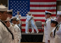 NAVAL STATION NORFOLK (Sept. 12, 2025) – Commander, Navy Region Mid-Atlantic (CNRMA), Rear Adm. Carl Lathi, requests permission to go ashore for the final time from Commander, Navy Installations Command, Vice Adm. Scott Gray, during a change of command and retirement ceremony held at Vista Point onboard Naval Station Norfolk, Sept. 12. CNRMA, now commanded by Rear Adm. Stephen Barnett, is the regional coordinator for all shore-based naval personnel and shore activities in the Mid-Atlantic region, which encompasses 20 states, 13 installations, and numerous Navy reserve centers from Maine to Virginia and as far west as Illinois. (U.S. Navy photo by Mass Communication Specialist 1st Class Kirk T. Putnam)