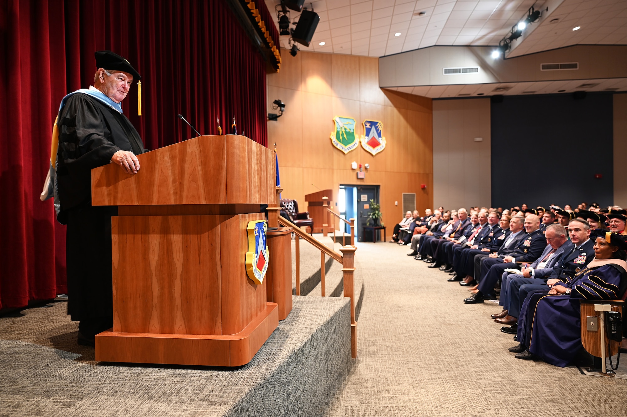 Newt Gingrich, American politician, historian and author, provided remarks after he received an honorary doctorate from Air University at Maxwell Air Force Base, Alabama,