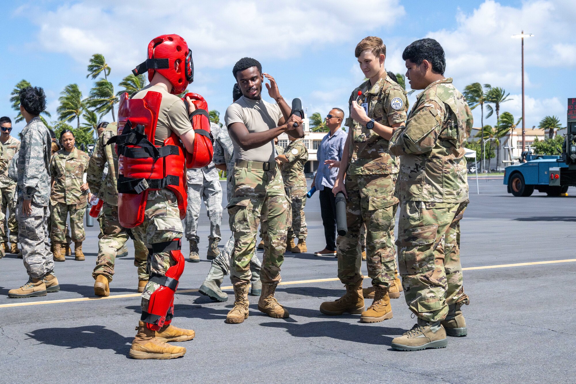 U.S. Air Force Reserve Officer Training Corps cadets learn from U.S. Air Force security forces defenders on combat.