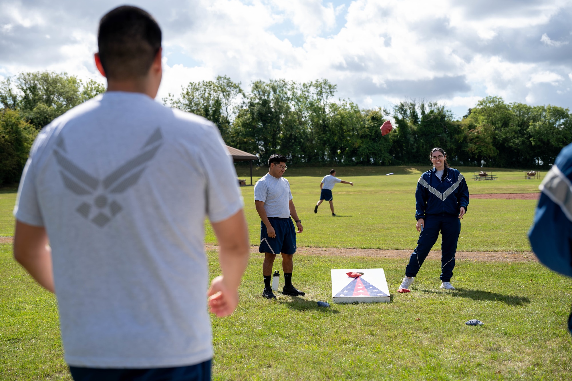 Airmen play cornhole during Pathfinder Day