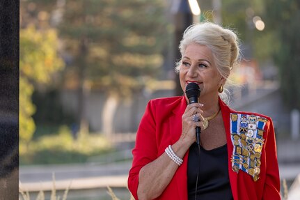 Jill Fewell, Daughters of the American Revolution Caroline Scott Harrison Chapter regent, delivers remarks during a commemoration ceremony at the Indiana 9/11 Memorial in Indianapolis Sept. 11, 2025. Soldiers and civilians from the U.S. Army Financial Management Command joined the DAR, the Indianapolis Fire Department’s Station 13, police officers from various agencies and members of the public to commemorate the 24th anniversary of the terrorist attacks on Sept. 11, 2001. (U.S. Army photo by Mark R. W. Orders-Woempner)