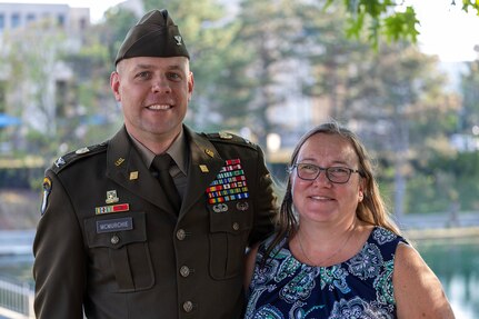 U.S. Army Col. Shaun D. McMurchie, 45th Finance Center director, and his wife, Amy McMurchie, pose for a photo after a commemoration ceremony at the Indiana 9/11 Memorial in Indianapolis Sept. 11, 2025. Soldiers and civilians from the U.S. Army Financial Management Command joined the Daughters of the American Revolution Caroline Scott Harrison Chapter, the Indianapolis Fire Department’s Station 13, police officers from various agencies and members of the public to commemorate the 24th anniversary of the terrorist attacks on Sept. 11, 2001. (U.S. Army photo by Mark R. W. Orders-Woempner)
