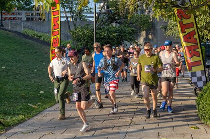 Veterans, law enforcement officers, firefighters and members of the public start a 5k run immediately following a commemoration ceremony at the Indiana 9/11 Memorial in Indianapolis Sept. 11, 2025. Soldiers and civilians from the U.S. Army Financial Management Command joined the Daughters of the American Revolution Caroline Scott Harrison Chapter, the Indianapolis Fire Department’s Station 13, police officers from various agencies and members of the public to commemorate the 24th anniversary of the terrorist attacks on Sept. 11, 2001. (U.S. Army photo by Mark R. W. Orders-Woempner)