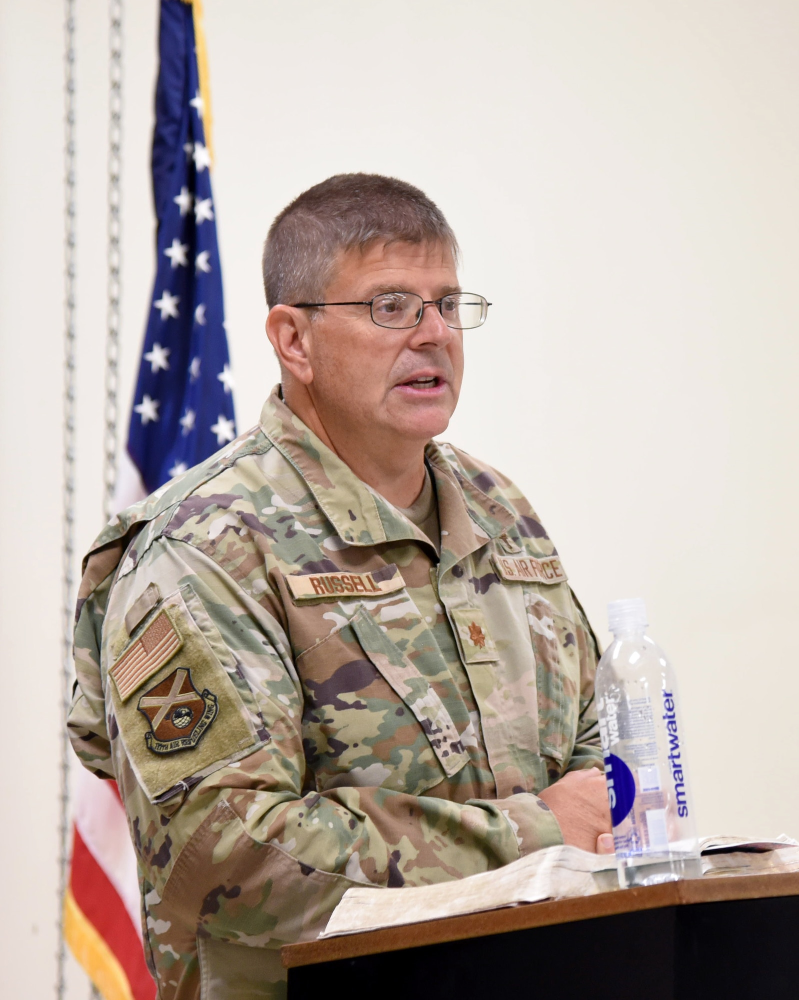 U.S. Air Force Chaplain (Maj.) John Russell, 117th Air Refueling Wing chaplain, leads a worship service for members of the 117 ARW on Sept. 14, 2025, at Sumpter Smith Joint National Guard Base, Alabama.