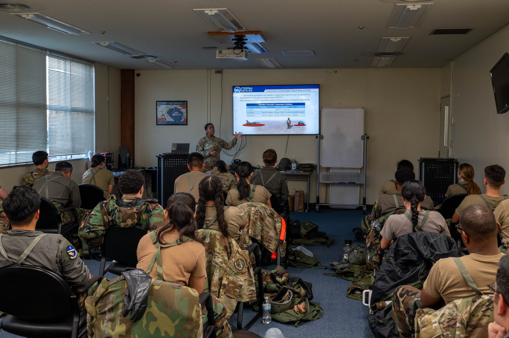 U.S. Air Force Senior Airman Shadae Bromfield, 18th Civil Engineer Squadron emergency management journeyman, conducts a chemical, biological, radiological and nuclear defense course at Kadena Air Base, Japan, Sept. 4, 2025. In emergency management, CBRN specialists perform response operations, reporting to support critical missions, ensuring the safety and security of personnel and equipment. (U.S. Air Force photo by Airman Nathaniel Jackson)