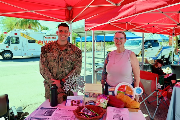 Pictured: Lt. Jake Odom, physical therapist (left), and Public Health Specialist Tanya Stuckey (right) of Naval Hospital Twentynine Palms at the Emergency Preparedness and Suicide Awareness Event Sept. 10. The hospital provided active-duty service members, their families and civilian personnel with resources and education on mental health, suicide prevention and emergency preparedness, emphasizing the importance of resilience, readiness and a culture of mutual support across the Marine Corps Air Ground Combat Center community (U.S. Navy photo by Christopher C. Jones, NHTP/NMRTC Twentynine Palms public affairs officer).
