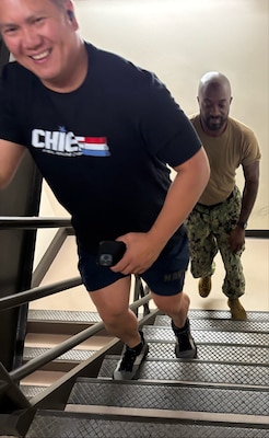 Grit and grin…Chief Hospital Corpsman Chester Lapid takes part in the 9/11 Stair Climb Challenge, held September 11, 2025, at Naval Hospital Bremerton and coordinated by Navy Medicine Readiness Training Command Bremerton chief petty officer selects. The event was held in conjunction with a somber 9/11 remembrance ceremony throughout the morning and focused on providing a step-by-step homage opportunity in honor of those 343 firefighters, eight emergency medical services personnel, 72 law enforcement officers and other first responders who lost their lives responding to the terrorist attack on the World Trade Center office towers that fateful day 24 years ago (Official Navy photo by Douglas H Stutz, NHB/NMRTC Bremerton public affairs officer).