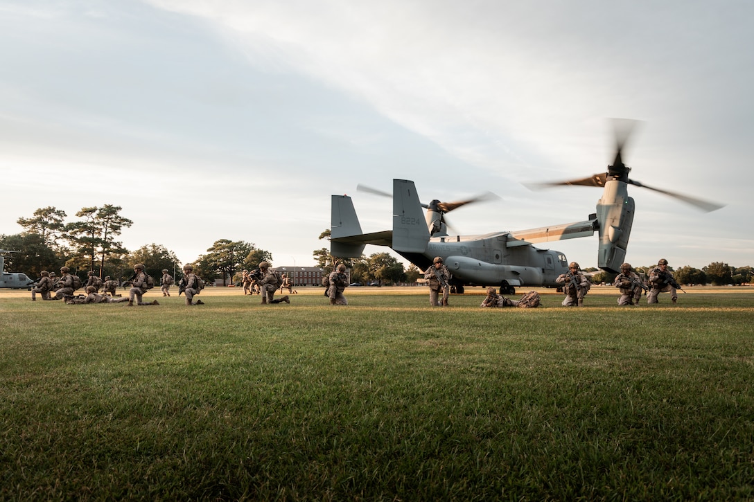 Marines with Infantería de Marina (Spanish marine corps) conduct security drills during UNITAS 2025 at Marine Corps Base Camp Lejeune, North Carolina, Sep. 13, 2025. UNITAS, which is Latin for “unity,” was conceived in 1959 and has taken place annually since first conducted in 1960. This marks the 66th iteration of the world’s longest running annual multinational maritime exercise. (U.S. Marine Corps photo by Cpl. Osmar VasquezHernandez)