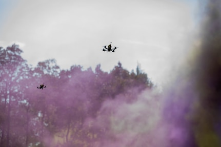 Unmanned aircraft systems fly overhead during Exercise Thunderstruck 2.0 at Camp Gruber Training Center near Braggs, Oklahoma, on September 13, 2025.