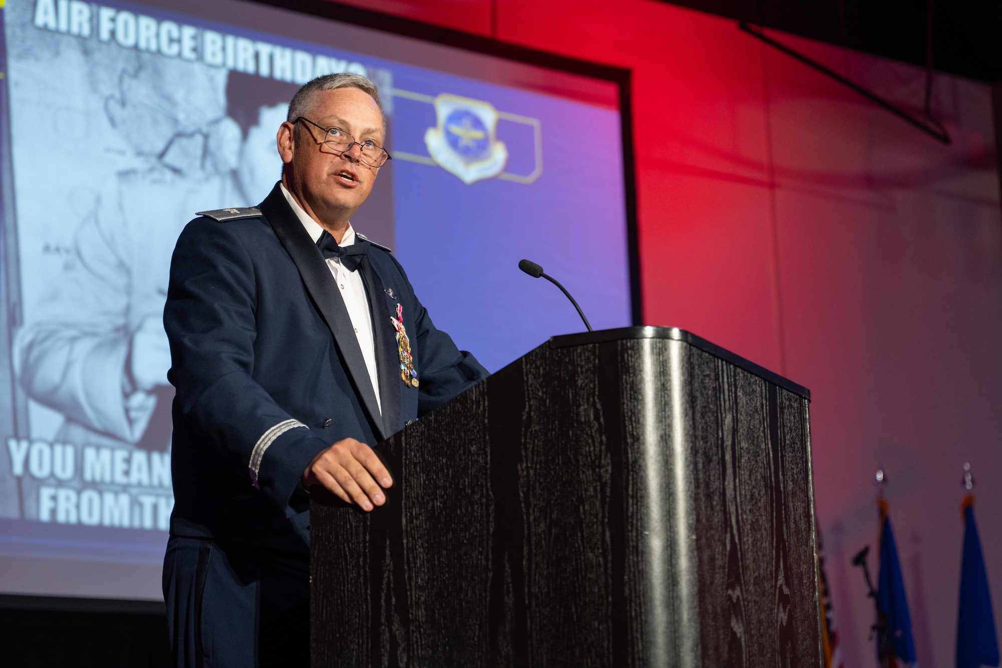 U.S. Air Force Brig. Gen. Corey Simmons, Air Mobility Command director of strategy, plans, programs and requirements, delivers remarks during the Dyess Air Force Ball at the Abilene Convention Center, Abilene, Texas, Sept. 6, 2025. The U.S. Air Force marks its 78th birthday on Sept. 18, commemorating the 1947 National Security Act establishing the service as an independent branch of the military. (U.S Air Force Photo by Airman 1st Class Caleb Schellenberg)