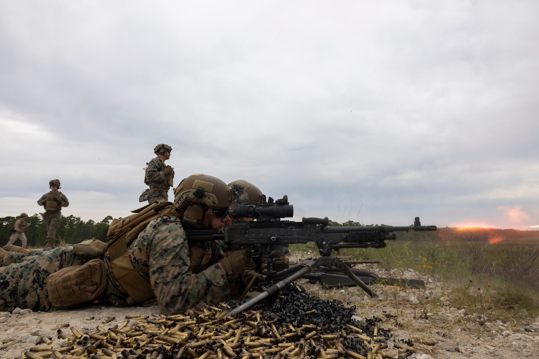 U.S. Marine Corps Lance Cpl. John Willis, and Lance Cpl. John Willis, with 2nd Battalion 2nd Marine Regiment, fires M240B, during a medium machine gun range as part of UNITAS 2025 taking place on Marine Corps Base Camp Lejeune, North Carolina, Sep. 12, 2025. UNITAS, which is Latin for “unity,” was conceived in 1959 and has taken place annually since first conducted in 1960. This year marks the 66th iteration of the world’s longest running annual multinational maritime exercise. (U.S. Marine Corps photo by Lance Cpl. Payton Goodrich)