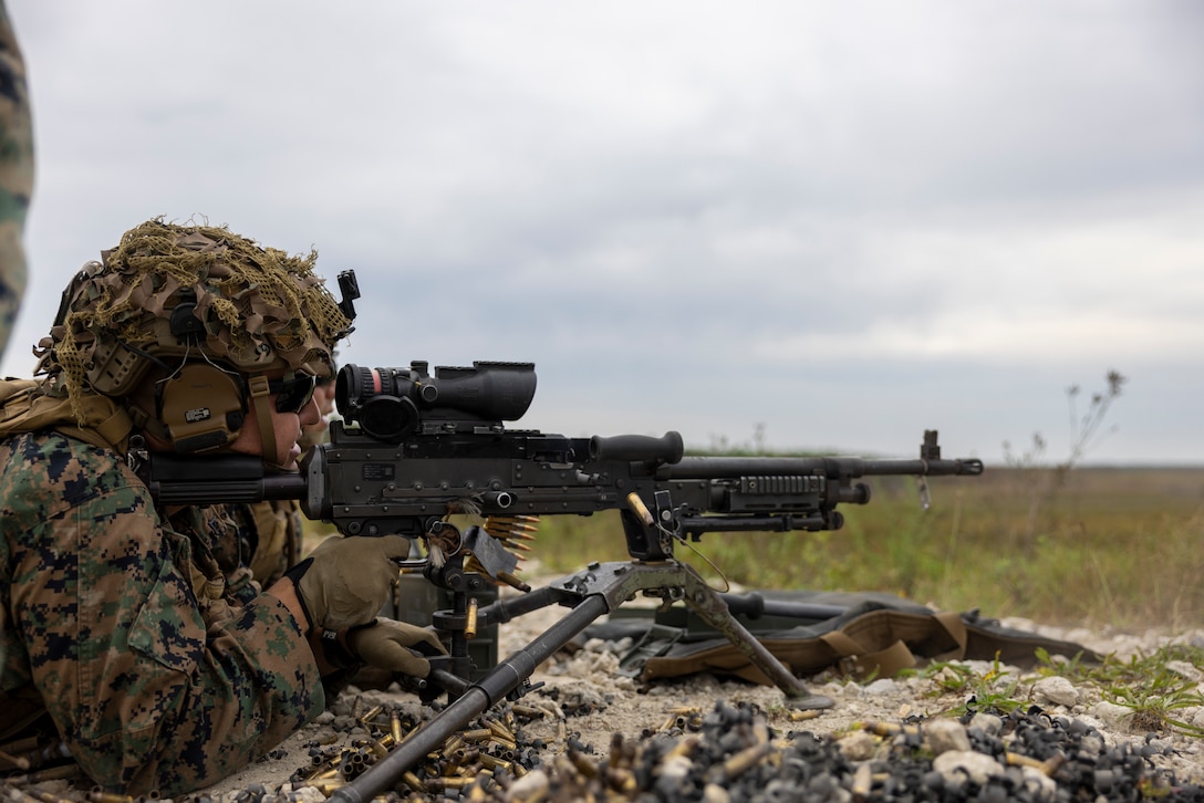 U.S. Marine Corps Lance Cpl. John Willis, with 2nd Battalion 2nd Marine Regiment, fires M240B during a medium machine gun range as part of UNITAS 2025 taking place on Marine Corps Base Camp Lejeune, North Carolina, Sep. 12, 2025. UNITAS, which is Latin for “unity,” was conceived in 1959 and has taken place annually since first conducted in 1960. This year marks the 66th iteration of the world’s longest running annual multinational maritime exercise. (U.S. Marine Corps photo by Lance Cpl. Payton Goodrich)
