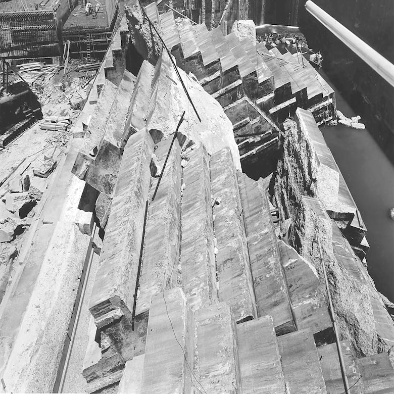 This is a view of the collapsed lock wall taken June 14, 1961, at Wheeler Lock on the Tennessee River in Rogersville, Alabama. The photo was included in a TVA report titled “Wheeler Lock Failure” written in November 1961. The report concluded that a thin seam of clay located within a shale band in the bedrock caused the failure. (TVA Photo)