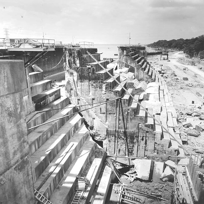 This is a view of the collapsed lock wall taken June 6, 1961, at Wheeler Lock on the Tennessee River in Rogersville, Alabama. The photo was included in a TVA report titled “Wheeler Lock Failure” written in November 1961. The report concluded that a thin seam of clay located within a shale band in the bedrock caused the failure. (TVA Photo)