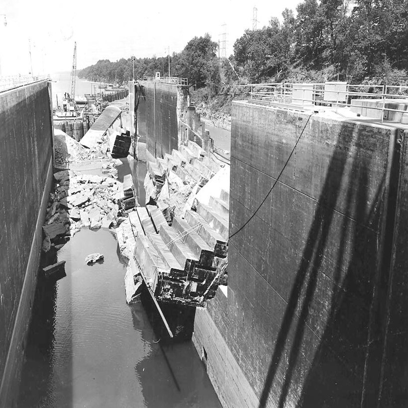 This is a view of the collapsed lock wall taken June 6, 1961, at Wheeler Lock on the Tennessee River in Rogersville, Alabama. The photo was included in a TVA report titled “Wheeler Lock Failure” written in November 1961. The report concluded that a thin seam of clay located within a shale band in the bedrock caused the failure. (TVA Photo)