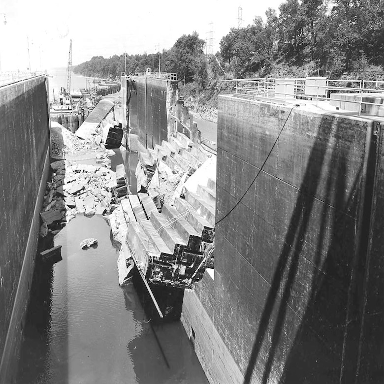 This is a view of the collapsed lock wall taken June 6, 1961, at Wheeler Lock on the Tennessee River in Rogersville, Alabama. The photo was included in a TVA report titled “Wheeler Lock Failure” written in November 1961. The report concluded that a thin seam of clay located within a shale band in the bedrock caused the failure. (TVA Photo)