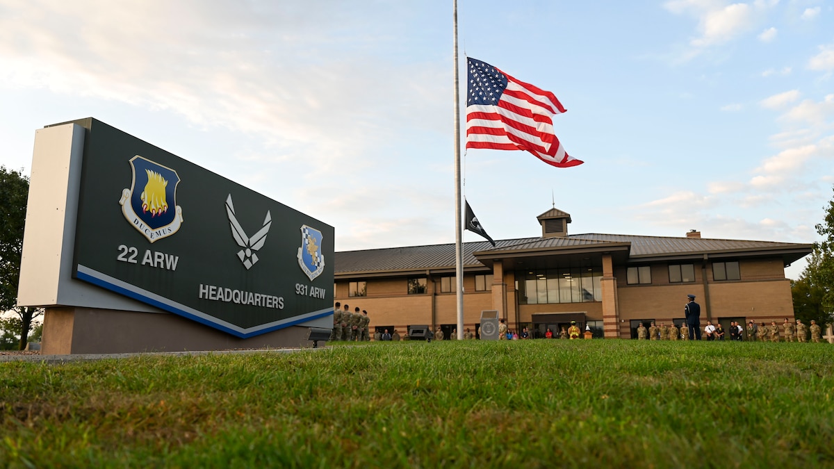 An American flag is flown at half-mast.