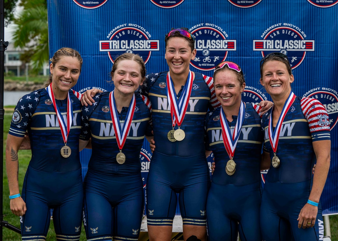 Members of the All-Navy Triathlon team celebrate with the first place medals at the 2025 Armed Forces Triathlon Championship in San Diego on Sept. 13, 2025. (U.S. Armed Forces Sports phot by SrA Emilee Darden - released)