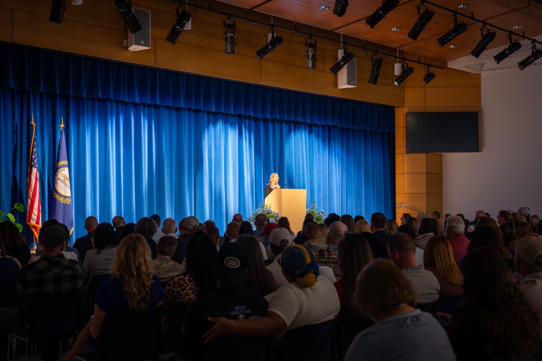 Dr. Beth Schiavino-Narvaez, Department of Defense Education Activity director speaks during the Fort Campbell Middle School ribbon cutting and dedication ceremony, Sep. 12, 2025 in Fort Campbell, Kentucky.