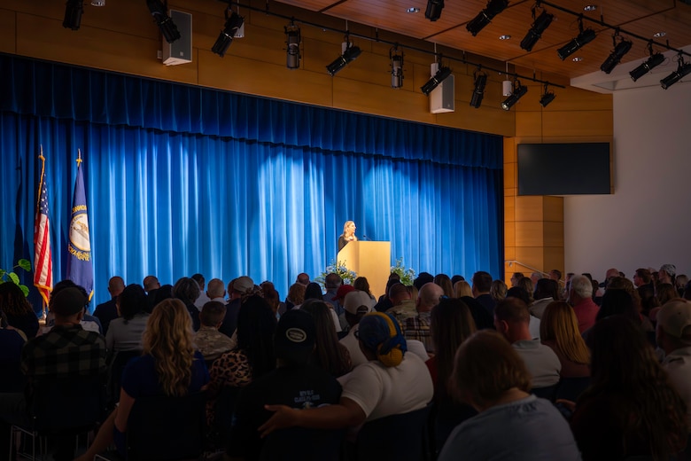Dr. Beth Schiavino-Narvaez, Department of Defense Education Activity director speaks during the Fort Campbell Middle School ribbon cutting and dedication ceremony, Sep. 12, 2025 in Fort Campbell, Kentucky.
