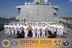 MAYPORT, Fla. (Sept. 15, 2025) Navy and Marine leaders celebrated the opening of UNITAS 2025 from onboard the San Antonio-class amphibious transport docking ship USS Arlington (LPD 24) at Naval Station Mayport September 15, 2025. During UNITAS 2025 the 25 participating nations' forces will perform at-sea, littoral, and amphibious exercises along the East Coast of the United States in advance of the U.S. Navy's 250th Birthday. UNITAS, Latin for Unity, focuses on enhanced interoperability, building regional partnerships, and demonstrating U.S. Naval Forces Southern Command/U.S. 4th Fleet as the trusted maritime partner in the Caribbean, Central and South America. (U.S. Navy photo illustration by Mass Communication Specialist Steven Khor/Released)