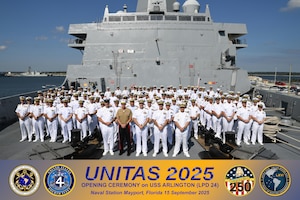 MAYPORT, Fla. (Sept. 15, 2025) Navy and Marine leaders celebrated the opening of UNITAS 2025 from onboard the San Antonio-class amphibious transport docking ship USS Arlington (LPD 24) at Naval Station Mayport September 15, 2025. During UNITAS 2025 the 25 participating nations' forces will perform at-sea, littoral, and amphibious exercises along the East Coast of the United States in advance of the U.S. Navy's 250th Birthday. UNITAS, Latin for Unity, focuses on enhanced interoperability, building regional partnerships, and demonstrating U.S. Naval Forces Southern Command/U.S. 4th Fleet as the trusted maritime partner in the Caribbean, Central and South America. (U.S. Navy photo illustration by Mass Communication Specialist Steven Khor/Released)