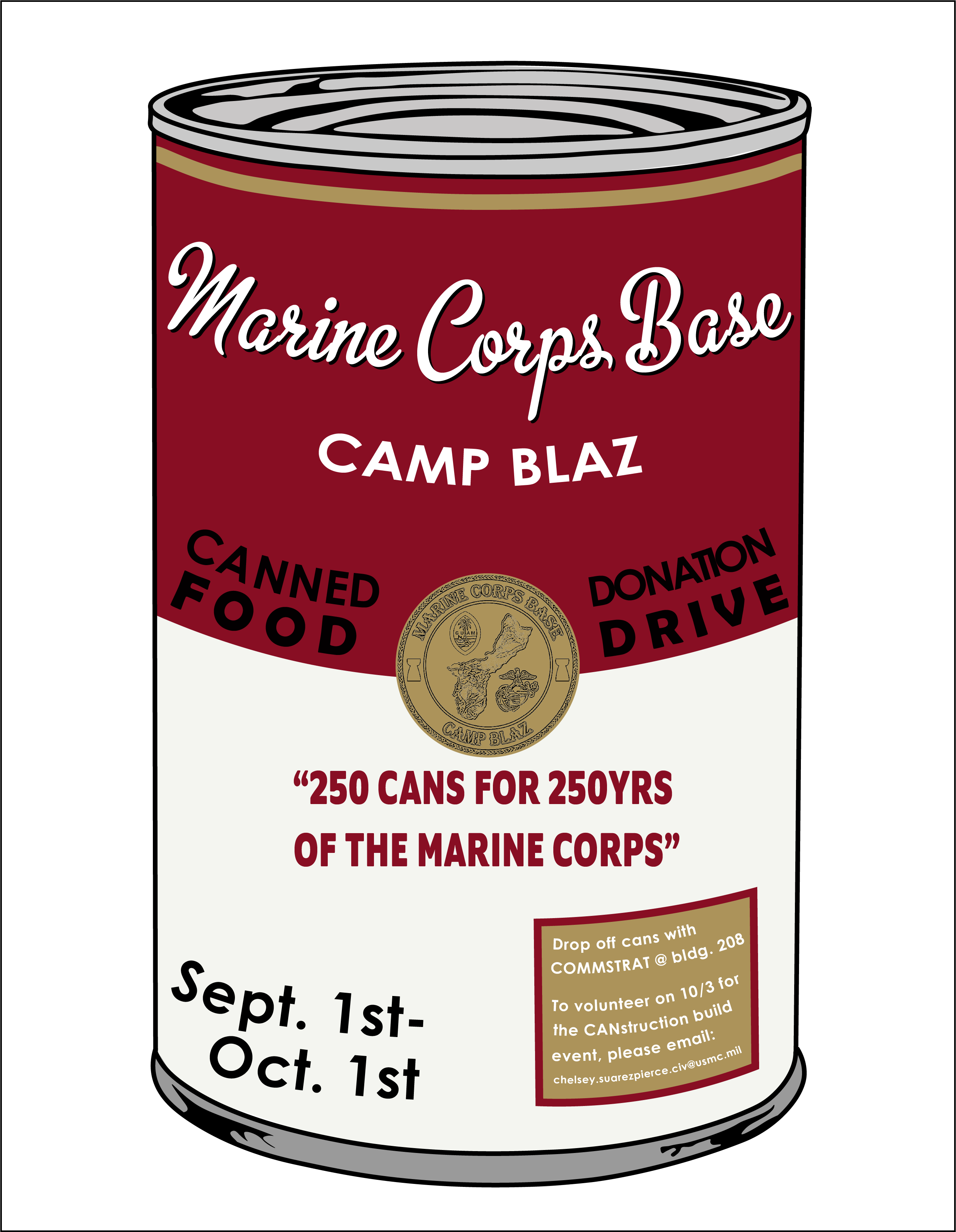 This graphic illustration was created to promote a canned food drive on Marine Corps Base Camp Blaz, running from Sept. 1st, 2025, to Oct. 1st, 2025, created using Adobe Illustrator on MCB Camp Blaz, Guam, Aug. 15, 2025. (U.S. Marine Corps graphic illustration by Chelsey Suarez-Pierce)