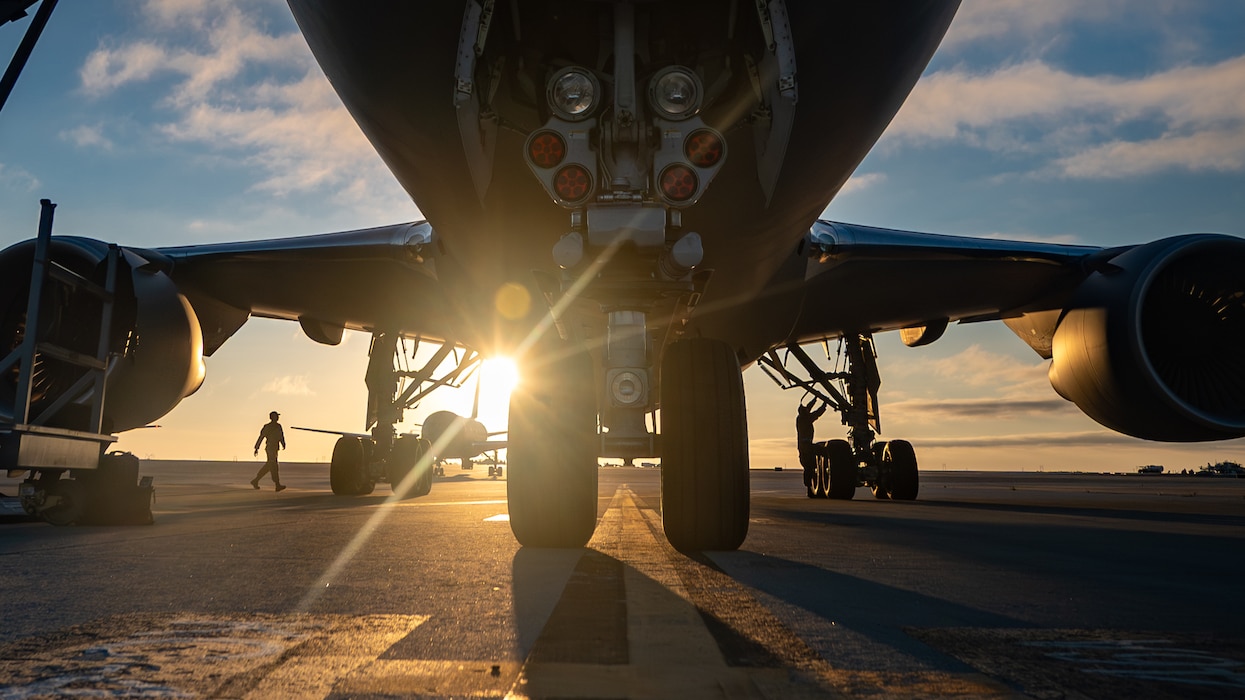 A KC-46 sits on the flight line