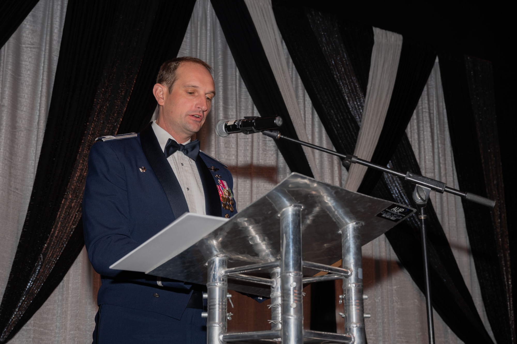 U.S. Air Force Col. Matthew Johnston, 354th Fighter Wing commander, gives the opening remarks during the Eielson Air Force Base’s annual Air Force Ball in Fairbanks, Alaska, Sept. 13, 2025.