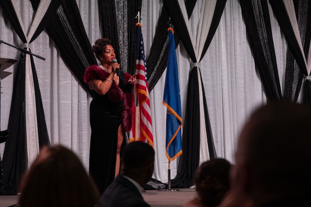 U.S. Air Force Chief Master Sgt. Cheronica Blandburg, 354th Fighter Wing command chief, gives closing remarks during the Eielson Air Force Base’s annual Air Force Ball in Fairbanks, Alaska, Sept. 13, 2025.