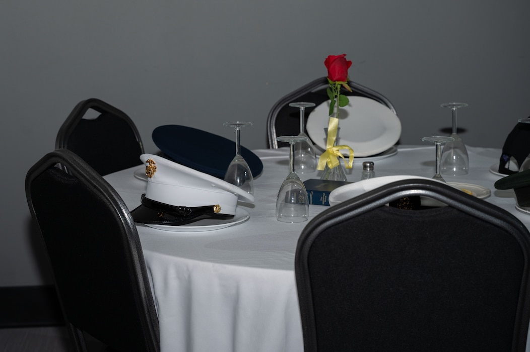 The POW/MIA remembrance table is displayed during the Eielson Air Force Base’s annual Air Force Ball in Fairbanks, Alaska, Sept. 13, 2025.