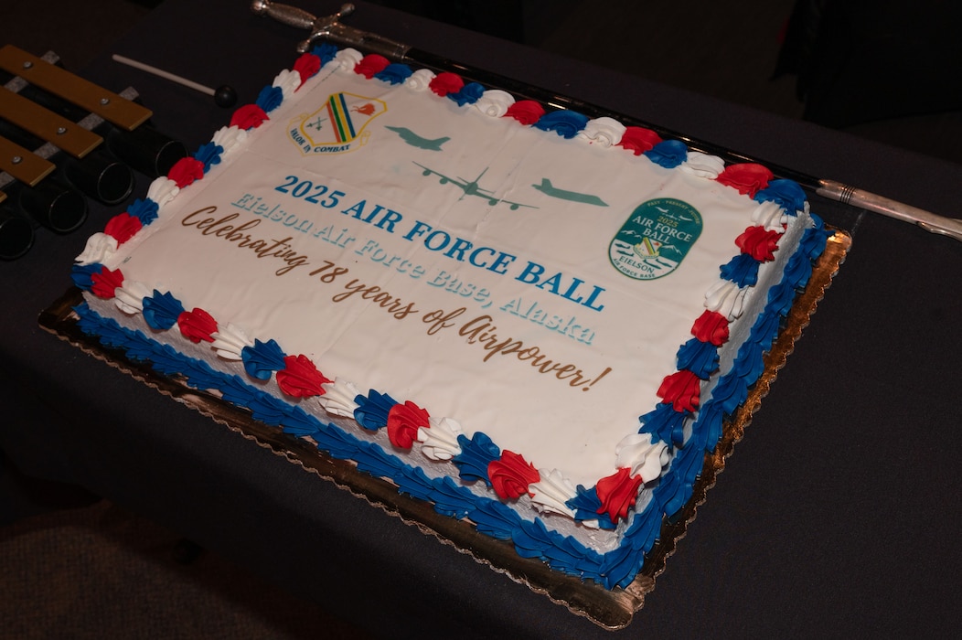The 354th Fighter Wing celebrated the Air Force’s birthday with a cake during the Eielson Air Force Base’s annual Air Force Ball in Fairbanks, Alaska, Sept. 13, 2025.