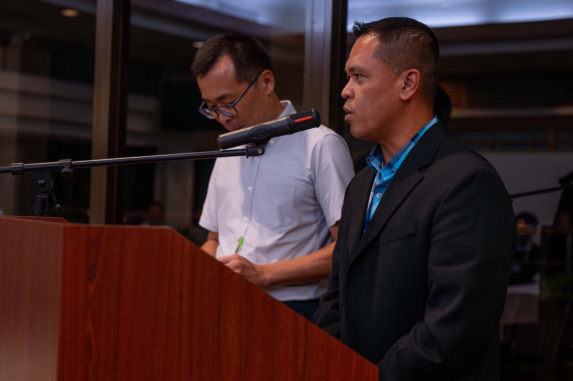 U.S. Air Force Col. Robinson Mata, 18th Mission Support Group commander, speaks at the farewell dinner after a four week internship program for Kadena Language Institute students at Kadena Air Base Japan, Aug. 27, 2025.