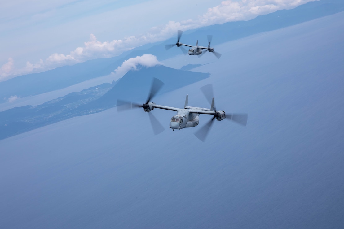 U.S. Marine Corps MV-22B Ospreys with Marine Medium Tiltrotor Squadron (VMM) 262, Marine Aircraft Group 36, 1st Marine Aircraft Wing fly in formation during exercise Resolute Dragon 25 off of the coast of Kagoshima, Japan, Sept. 12, 2025.