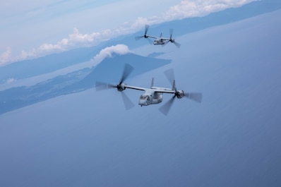KAGOSHIMA, Japan (Sept. 12, 2025) — U.S. Marine Corps MV-22B Ospreys with Marine Medium Tiltrotor Squadron (VMM) 262, Marine Aircraft Group 36, 1st Marine Aircraft Wing fly in formation during exercise Resolute Dragon 25 off of the coast of...