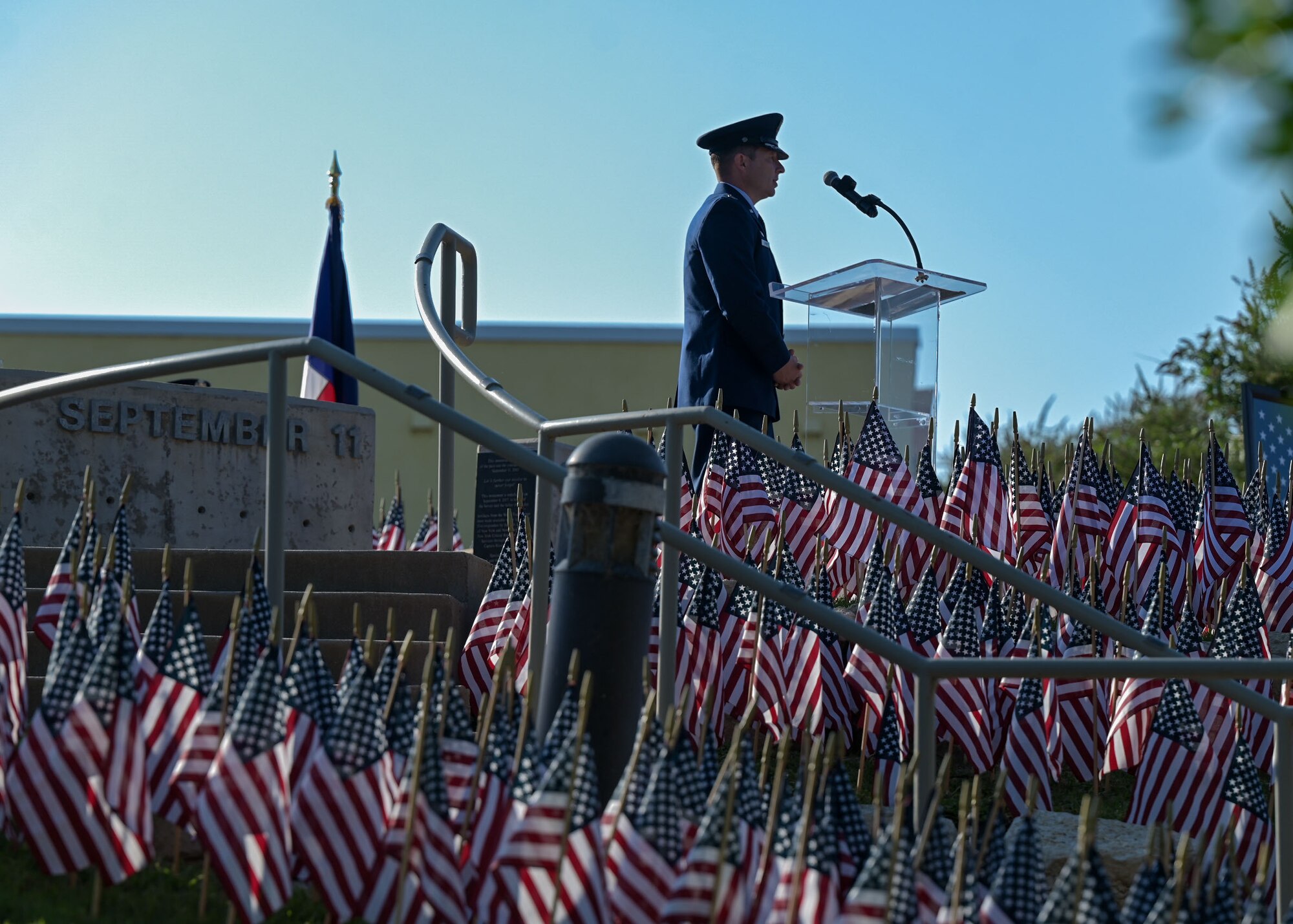Col. Jason Gerber, 17th Training Group commander, gives a speech during the city of San Angelo’s 9/11 remembrance ceremony at the city's 9/11 memorial