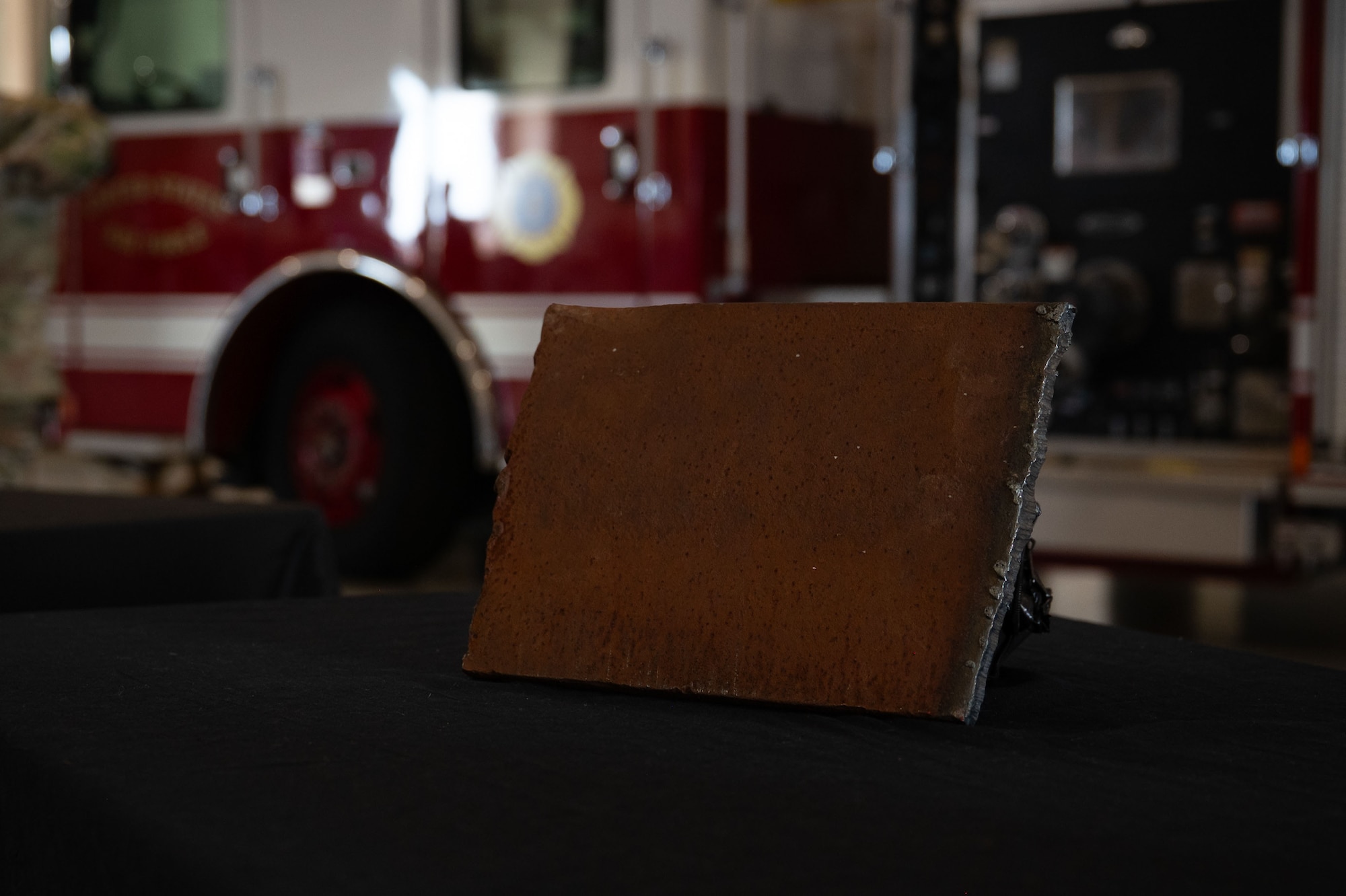 A piece of the World Trade Center sits on a table during the 9/11 Remembrance Ceremony