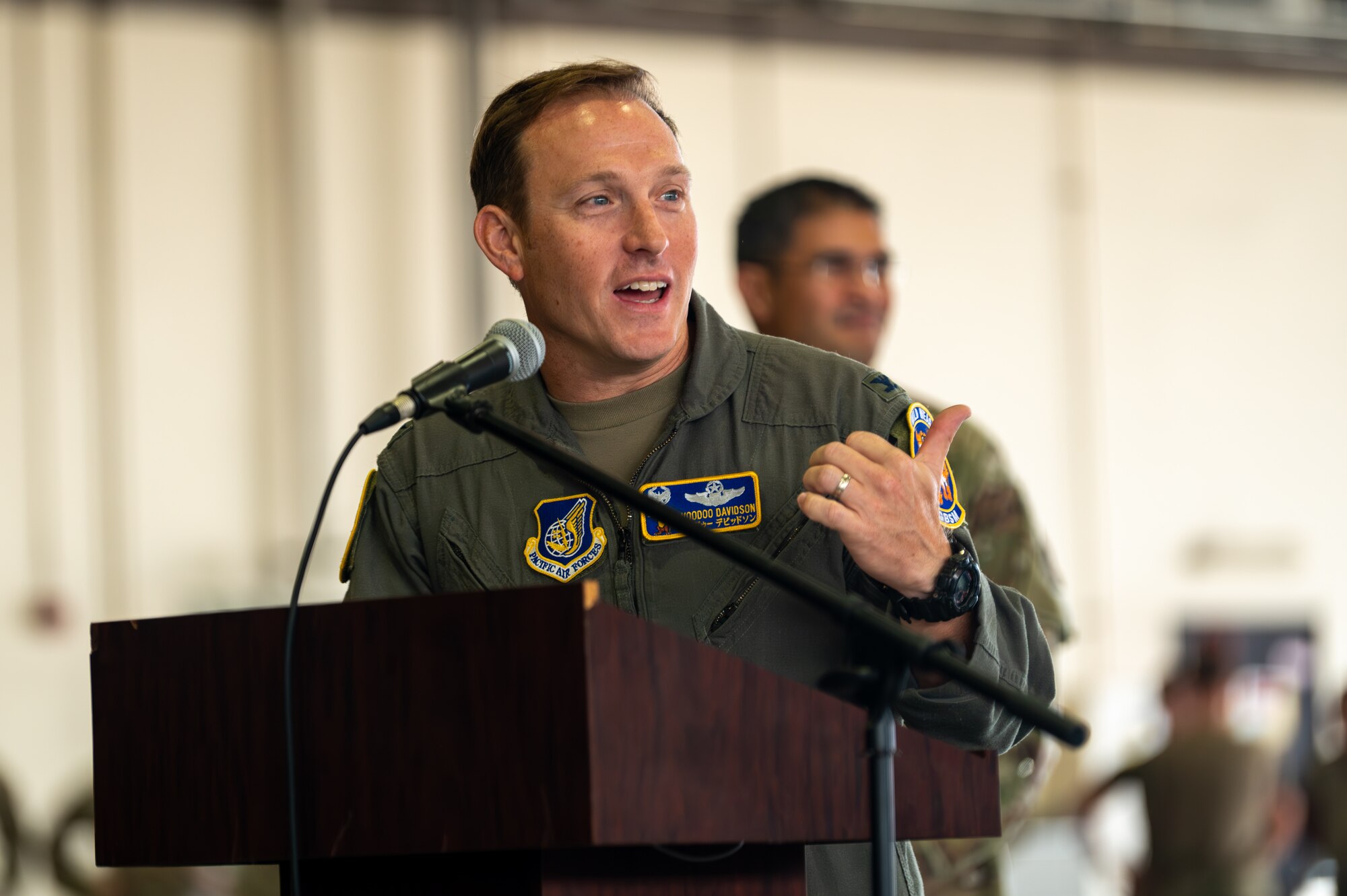U.S. Air Force Col. Paul Davidson, 35th Fighter Wing commander, shares closing remarks after a load competition at Misawa Air Base, Japan, Sept. 12, 2025.