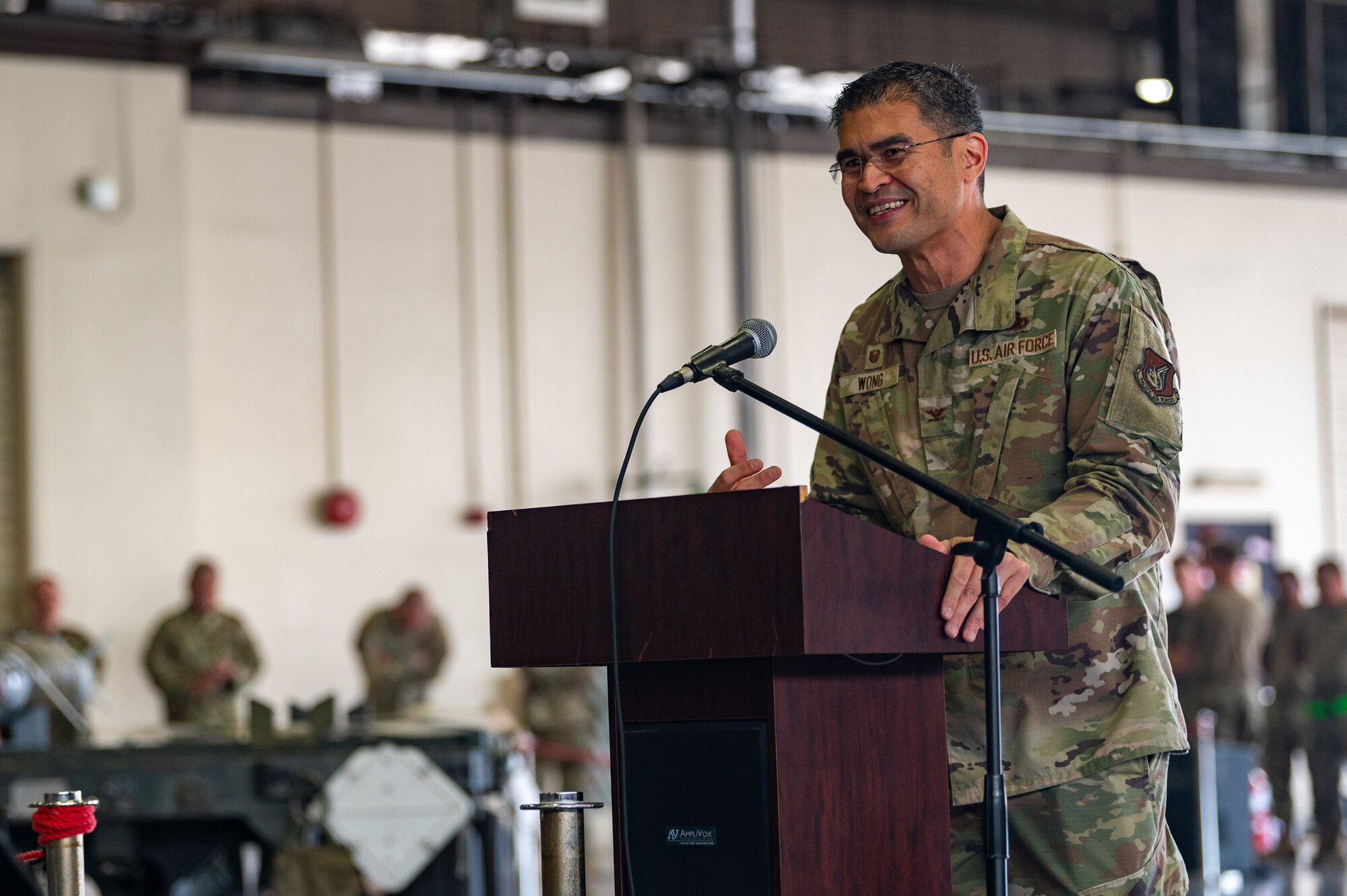U.S. Air Force Col. Bryan Wong, 35th Maintenance Group commander, shares closing remarks after a load competition at Misawa Air Base, Japan, Sept. 12, 2025.