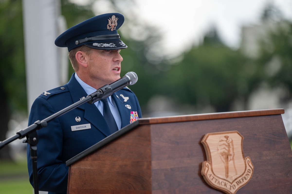 U.S. Air Force Col. Paul Davidson, 35th Fighter Wing commander, gives closing remarks during a 9/11 ceremony at Misawa Air Base, Japan, Sept. 11, 2025.