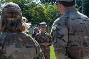 U.S. Air Force Lt. Gen. Laura Lenderman, center, Pacific Air Forces deputy commander, praises Airmen of the 35th Fighter Wing (FW) after coining them during a tour.