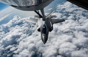 A U.S. Air Force F-35A Lightning II assigned to the 48th Fighter Wing at RAF Lakenheath, approaches a KC-135 Stratotanker assigned to the 100th Air Refueling Wing at RAF Mildenhall, during an aerial refueling mission over the North Sea, Sept. 4, 2025.