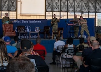 Max Impact, one of six ensembles of The U.S. Air Force Band, performs during the 2025 Joint Base Andrews Air Show at Joint Base Andrews, Maryland, Sept. 13, 2025. The air show features U.S. military and civilian aerial demonstrations, static displays, and opportunities for the public to engage with service members, honoring the legacy of aviation excellence while inspiring the next generation of aviators and aerospace innovators. (U.S. Air Force photos by Staff Sgt. Kimberly Barrera)