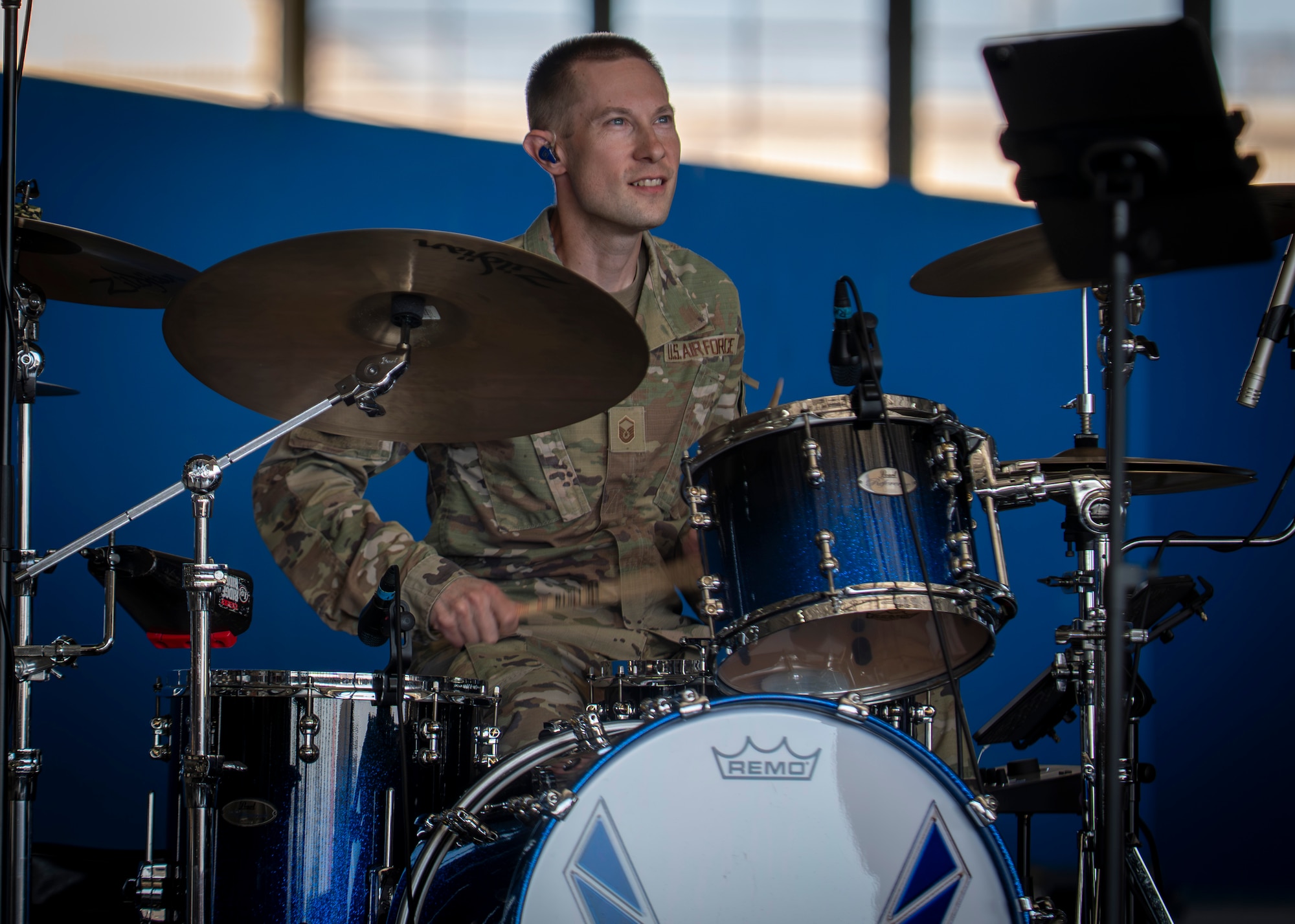 Max Impact, one of six ensembles of The U.S. Air Force Band, performs during the 2025 Joint Base Andrews Air Show at Joint Base Andrews, Maryland, Sept. 13, 2025. The air show features U.S. military and civilian aerial demonstrations, static displays, and opportunities for the public to engage with service members, honoring the legacy of aviation excellence while inspiring the next generation of aviators and aerospace innovators. (U.S. Air Force photos by Staff Sgt. Kimberly Barrera)
