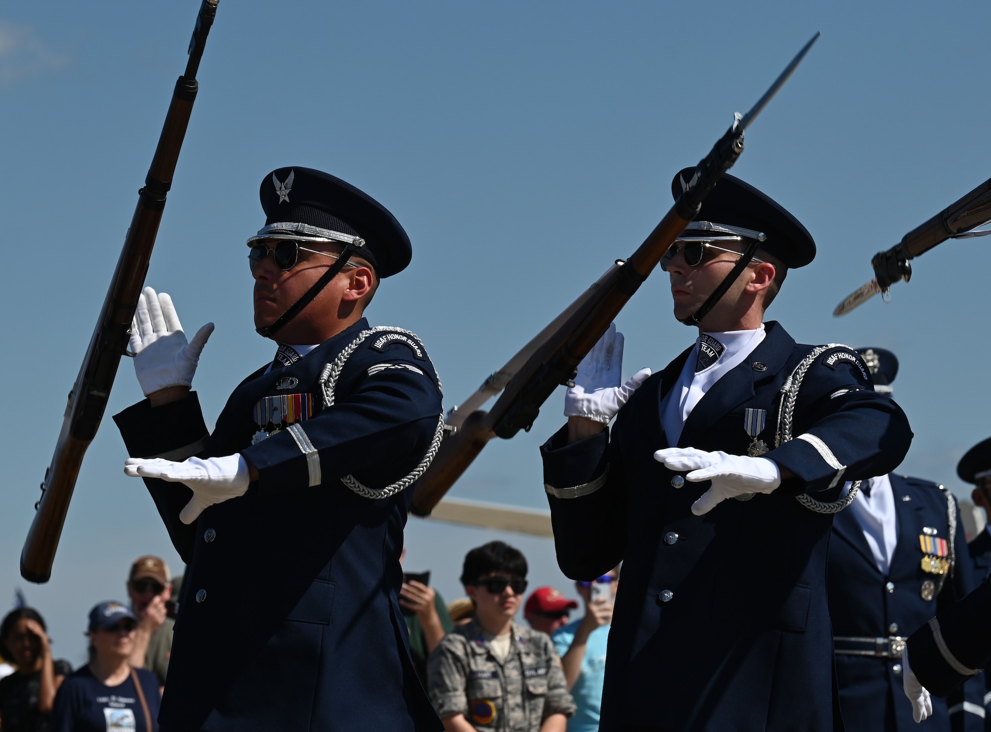 The U.S. Air Force Honor Guard Drill Team performs during the 2025 Joint Base Andrews Air Show at Joint Base Andrews, Maryland, Sept. 13, 2025. As Air Force ambassadors, Guardsmen inspire national pride and promote the service's commitment to excellence worldwide. (U.S. Air National Guard photo by Tech. Sgt. Missy Sterling)