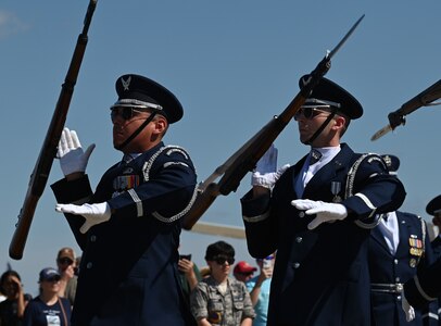 The U.S. Air Force Honor Guard Drill Team performs during the 2025 Joint Base Andrews Air Show at Joint Base Andrews, Maryland, Sept. 13, 2025. As Air Force ambassadors, Guardsmen inspire national pride and promote the service's commitment to excellence worldwide. (U.S. Air National Guard photo by Tech. Sgt. Missy Sterling)