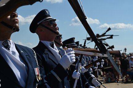 The U.S. Air Force Honor Guard Drill Team performs during the 2025 Joint Base Andrews Air Show at Joint Base Andrews, Maryland Sept. 13, 2025. As Air Force ambassadors, Guardsmen inspire national pride and promote the service's commitment to excellence worldwide. (U.S. Air National Guard photo by Tech. Sgt. Missy Sterling)