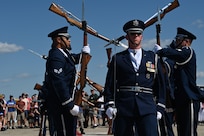 The U.S. Air Force Honor Guard Drill Team performs during the 2025 Joint Base Andrews Air Show at Joint Base Andrews, Maryland, Sept. 13, 2025. The air show features U.S. military and civilian aerial demonstrations, static displays, and opportunities for the public to engage with service members, honoring the legacy of aviation excellence while inspiring the next generation of aviators and aerospace innovators. (U.S. Air National Guard photo by Tech. Sgt. Missy Sterling)
